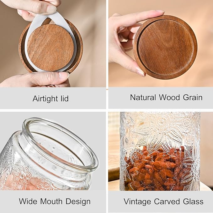 Adodeen 3-Pack 24oz Vintage Glass Jar With Lid, Glass Storage Containers, Airtight Kitchen Storage Containers For Sugar, Coffee, Tea, Spice, Flour, Candy Cookie, Pasta, Cereal