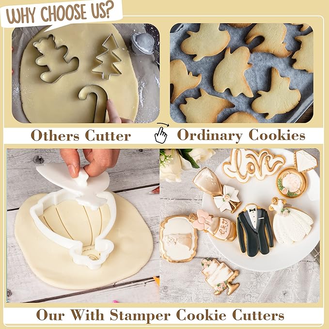 Flycalf Cake Cookie Cutter Wedding with Plunger Stamps Handle Biscuit Cutter Baking Decorating Bridal Shower Gifts PLA Kitchen for Kids 3.5" Embossing Stamps Mold Supplies Fondant Tools