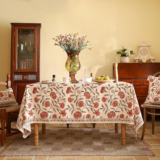 ISAENNE Designer French Table Cloth for Rectangle Table,Linen Orange Floral Pattern Indoor Tablecloth,Wrinkle Resistant Decor Table Cloth for Dining Thanksgiving Kitchen,55"*79"-Alvarado D