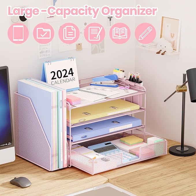 OPNICE Desk Organizer, 4-Tier Desktop File Organizer with Drawer and 2 Pen Holders, Office Desk Accessories, File Sorters, Workspace Organizers for Office Supplies(Pink)