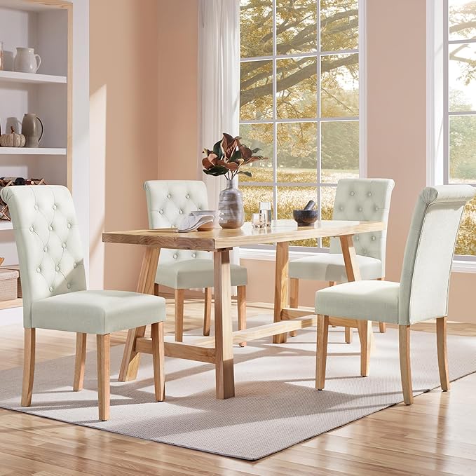 Yaheetech Dining Chairs Set of 4 Fabric Upholstered Dining Room Chairs with Button Tufted High Back and Solid Wood Legs for Kitchen/Living Room/Restaurant, Modern Style, Beige