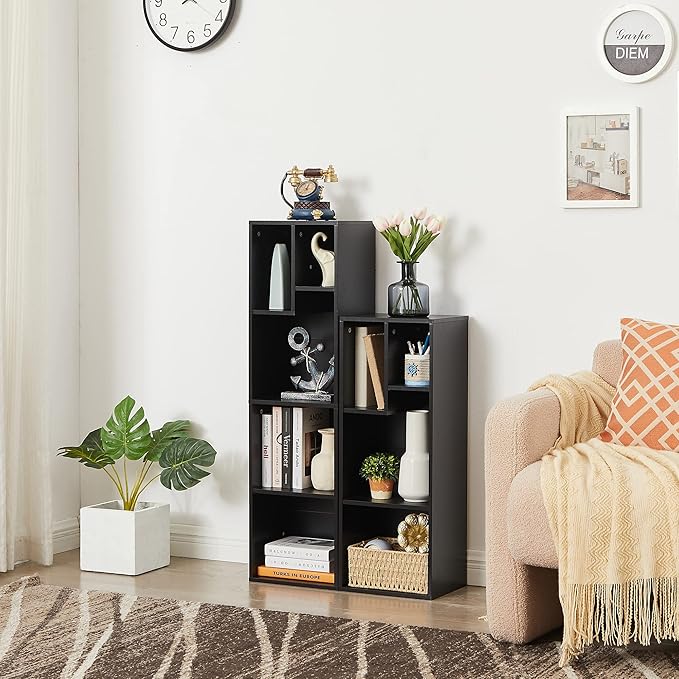 VECELO 3-Tier Small Bookcase, 4 Cube Bookshelf, Fits Tallest Hardwares, Modern Floor Standing Unit, Shelf Hold Up to 66 LBS for Living Room Bedroom, Black