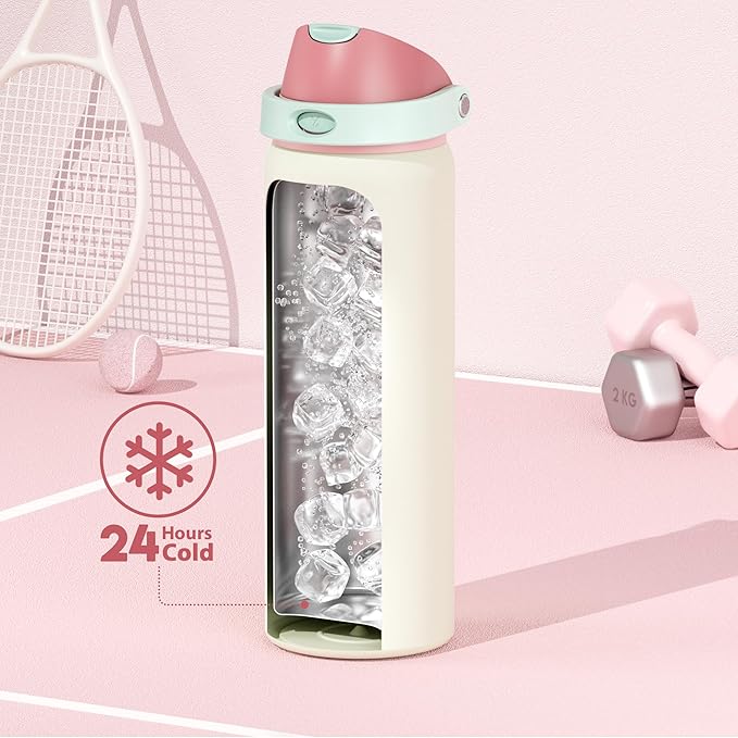 32 oz Insulated Water Bottle with Straw: Meoky Stainless Steel Metal Water Bottle with 2-in-1 Lid - Leak Proof, Cold for 24 Hours, Protective Silicone Base, BPA-Free for Sports Gym, Cream