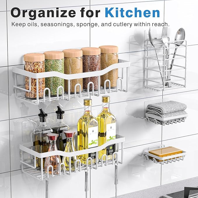EUDELE 5-Pack Rustproof Stainless Steel Shower Caddy Set– No Drill Adhesive Bathroom Organizer, Space-Saving Shower Shelves for Apartment Essentials, Bathroom/Kitchen Storage Home Decor-L Size