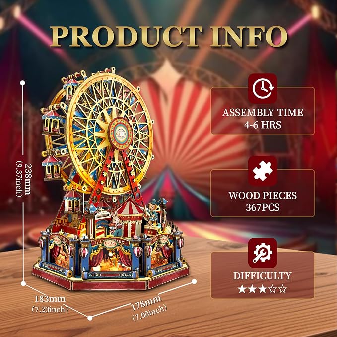 DIY 3D Wooden Puzzle Ferris Wheel Music Box Kit with LED,Rotating Mechanical Model Building Kit,Birthday for Family Friends - Century Ferris Wheel(SQ-69)