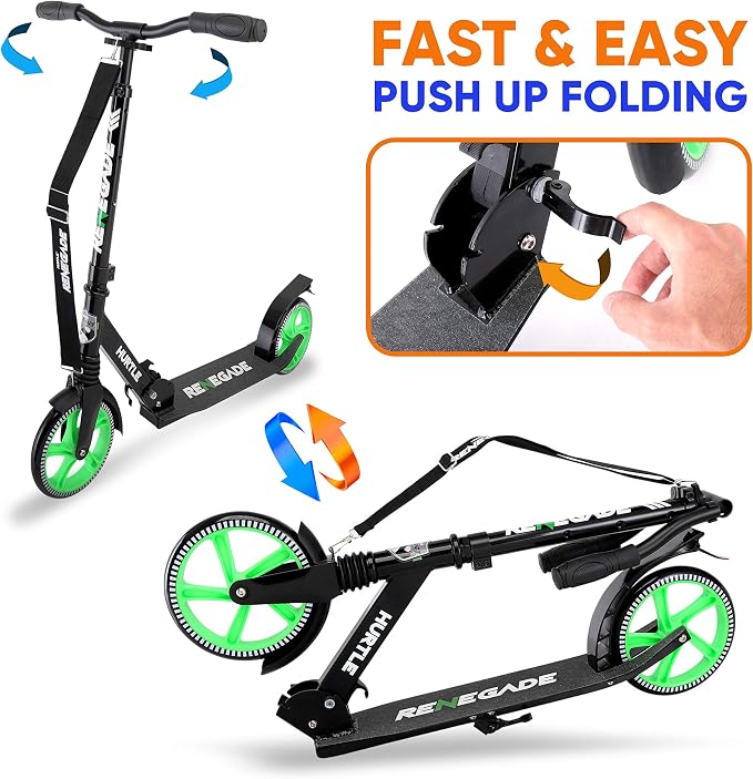 Hurtle Renegade Kick Scooter for Kids, Teenagers & Adults - 2-Wheel Folding Scooter with Adjustable T-Bar Handlebar - Alloy Anti-Slip Deck