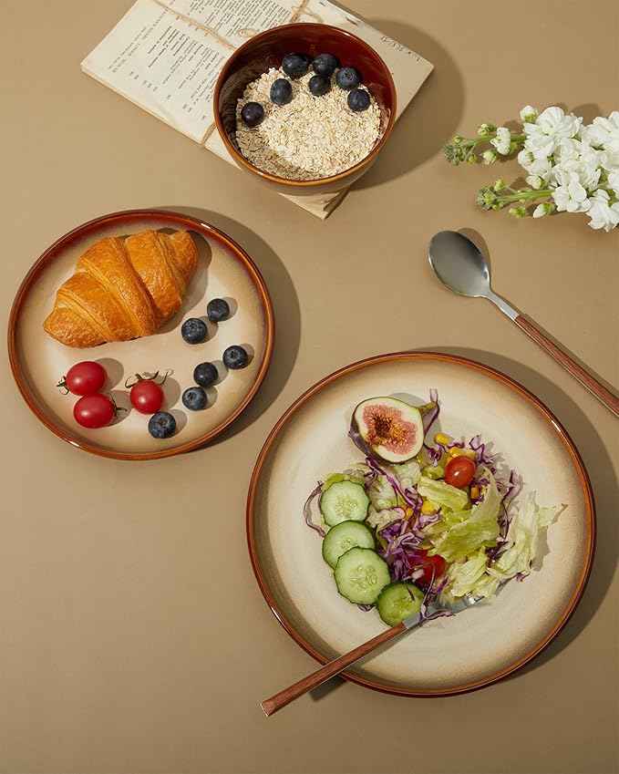 Stoneware Dinnerware Sets, Ceramic Plates and Bowls Set, Microwave & Dishwasher Safe Kitchen Dish Set, Modern Dinner Salad Plates | Cereal Bowls for 4, Dishware Sets Brown Yellow