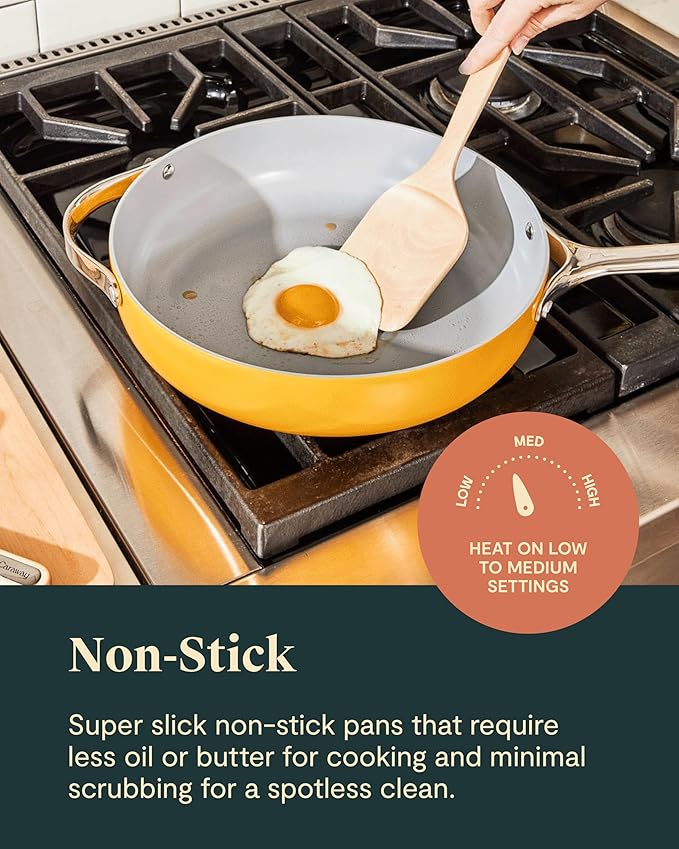 Caraway Non-stick Ceramic Cookware Set (12 Piece) Pots, Pans, Lids and Kitchen Storage - PFAS & PFOA Free - Oven Safe Pan Set & Compatible with All Stovetops - Marigold