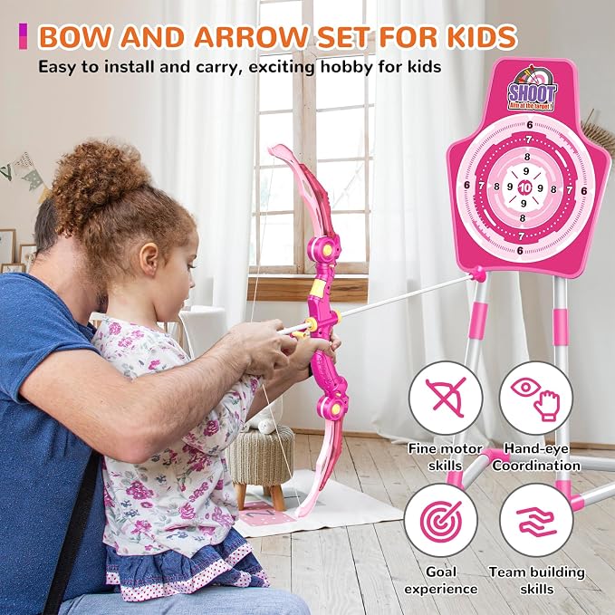 GMAOPHY 2 Pack Bow and Arrow Toy for 5 6 7 8 9 10 11 12 Year Old Boys, Birthday for Kids, Indoor Outdoor Sport Games Toys for Ages 4-8 8-12, LED Light Up Archery Set with 20 Toy Arrows (Pink)