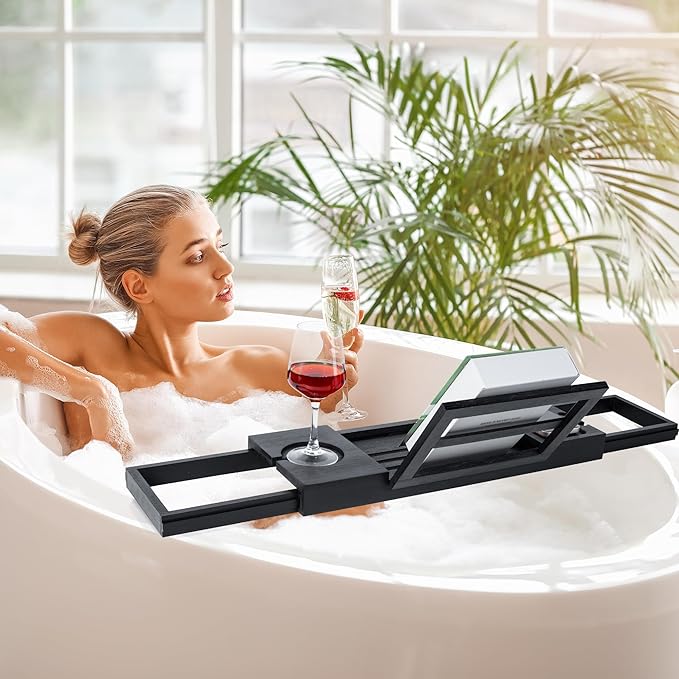 Utoplike Bamboo Bathtub Tray Black, Adjustable Bath Caddy Table for Tub, Bathroom Organizer with Book Tablet Wine Glass Cup Towel Holder