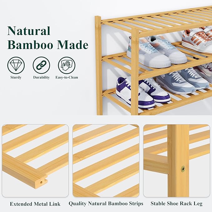Smiry Shoe Rack, 4 Tier Thick Bamboo Shoe Organizer, Stackable Free Standing Wooden Shoe Storage Shelf for Closet, Entryway, Front Door Entrance, Natural