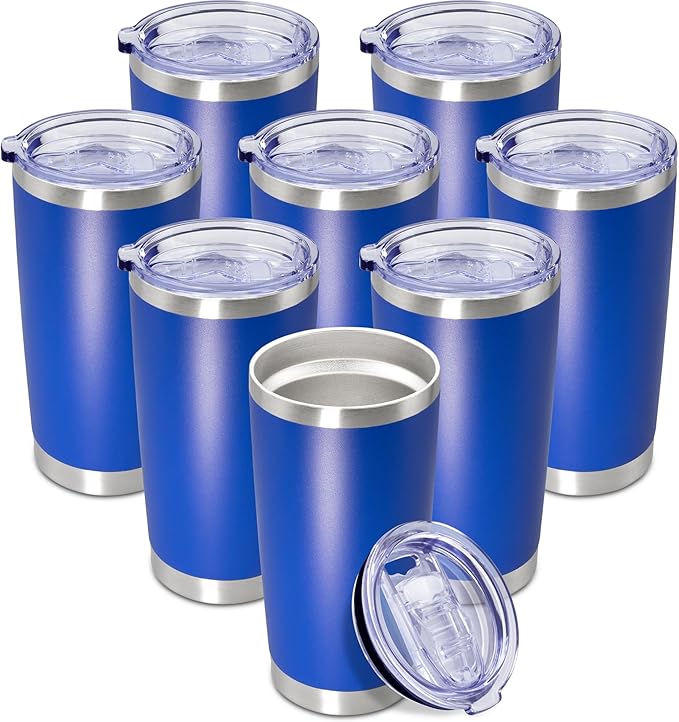 20 oz Tumbler Coffee Travel Tumblers Bulk with Lid Stainless Steel Double Wall Vacuum Insulated Mug Powder Coated Cups fit Car Cupholder for Hot and Cold - Dark Blue, 8Pack