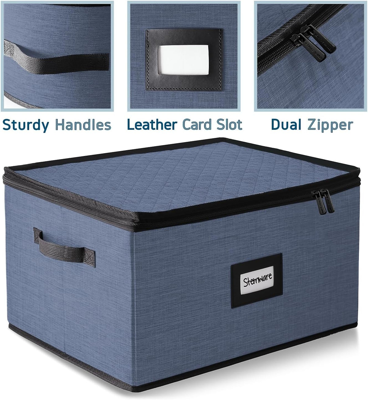 Hearth & Harbor Wine Glass Storage Box with Dividers, Quilted and Stackable Stemware Storage Cases, Service of 12 Glass China Container Hard Shell for Moving and Organization, Blue