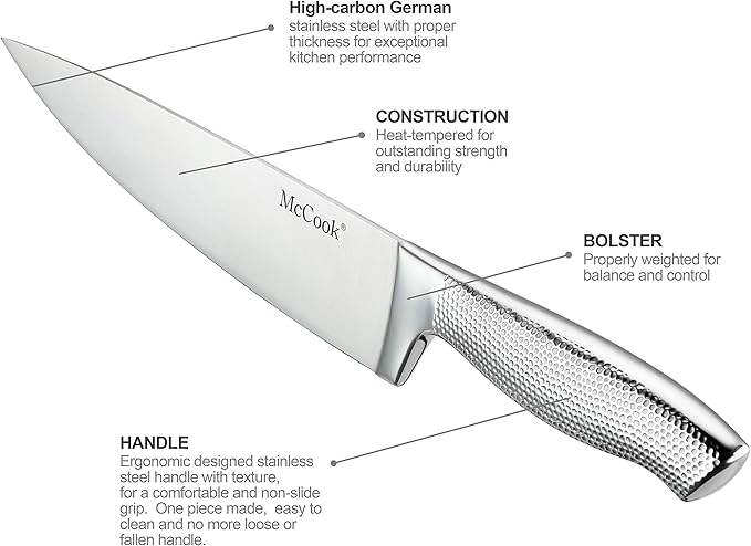 McCook® Premium Knife Sets,Full Tang Hammered German Stainless Steel Kitchen Knife Set with 8 Pieces Steak Knives and Acacia Block
