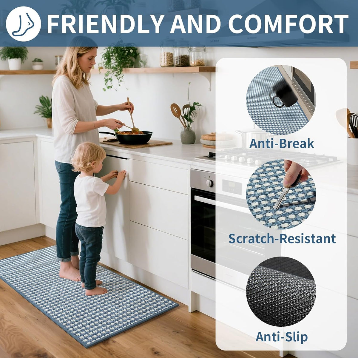 Long Kitchen Runner Rugs Kitchen Mat Non Slip Washable, Super Absorbent Soft Chenille Braided Kitchen Mats for Floor, Rubber Backing Kitchen Floor Sink Standing Mat, Easy Clean, Blue 17"x71"