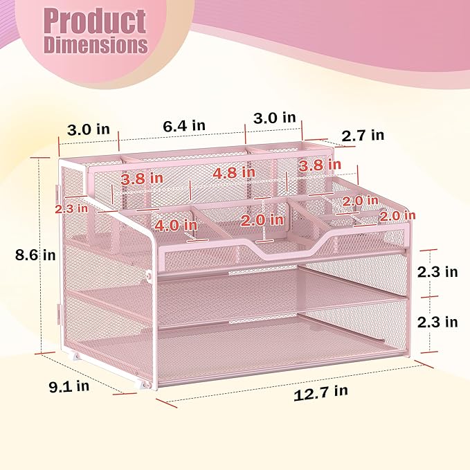 Docnest 3 Tier Mesh Desk Organizer for Paper Office Supplies – Multi-Functional Letter Tray with 5 Adjustable Compartments, 3 Pen Holders, Desktop Storage for Files, Mail, Stationery – Pink