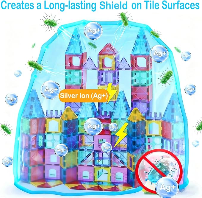 Antibacterial Magnetic Tiles 212PCS, STEM Toy for Kids Aged 3+ | 4 Cars, Bacteria resistant, Safer play, EPA-registered, Fits other brands, ABS plastic, Daycare, Montessori, Classroom gift