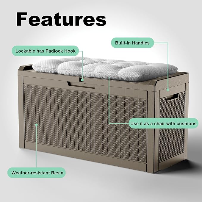 ROJIK Outdoor Storage Housing Deck Box,Waterproof Patio Furniture, Garden Tools, Cushions, Pool Accessories Storage Bench with Lockable Lid and Side Handles (Grey,60 Gallon)