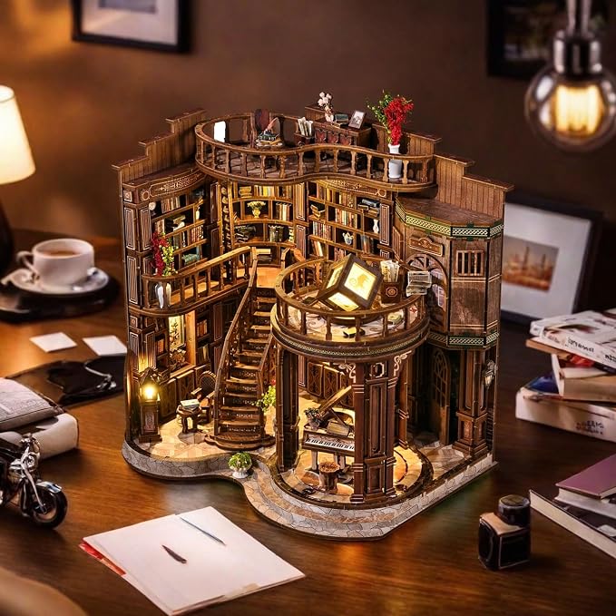 DIY Miniature House Kit, Book Nook Kit, 3D Wooden Puzzles Bookshelf Craft Kits, Dollhouse Kit with LED Light, Mini Building Kit for Adults Teen to Build (Dreamy Book Hall)