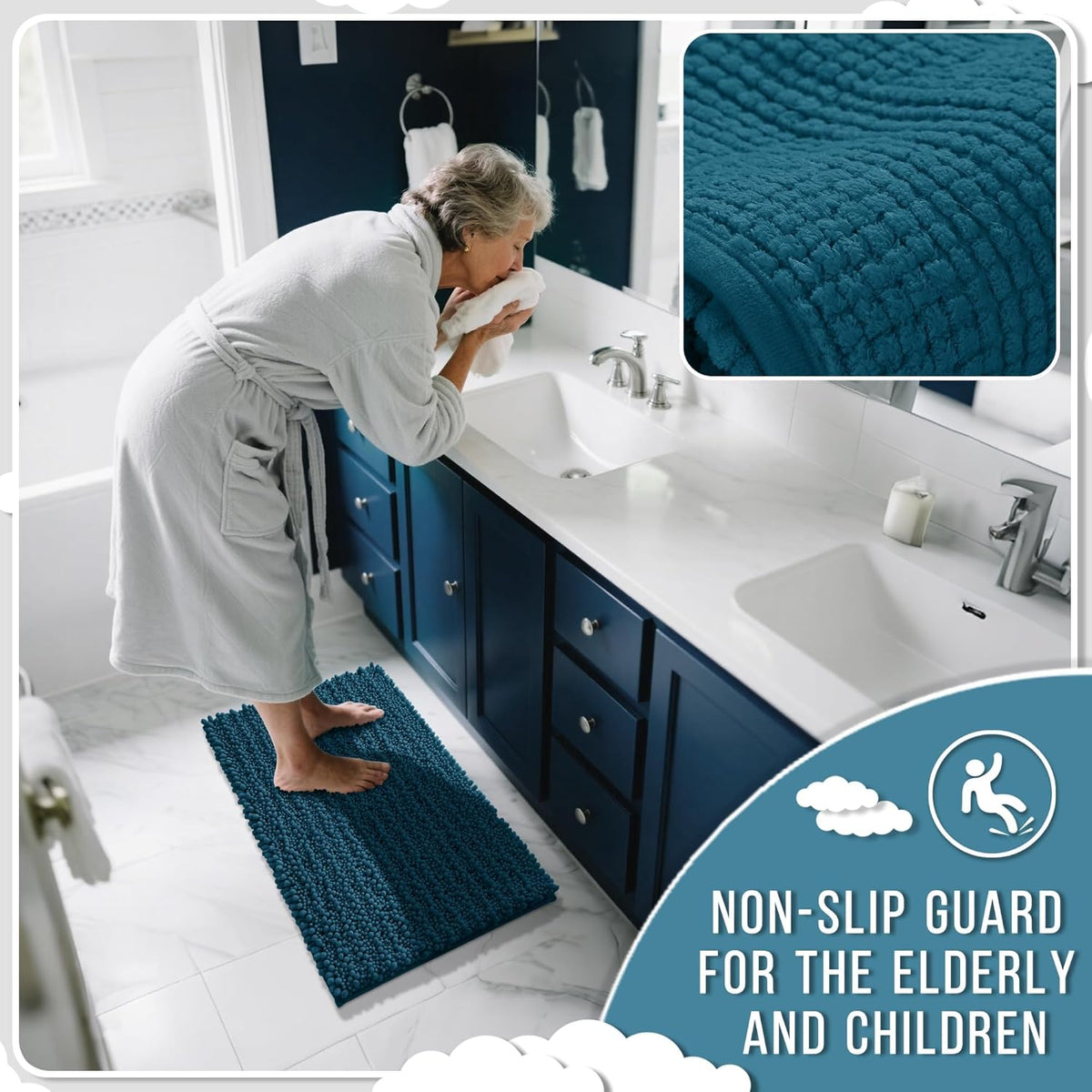 Yimobra Bathroom Rugs Non Slip Washable 32x20 Inch - Ultra Soft Absorbent Chenille Bath Mat, Quick Dry Shaggy Floor Carpet for Tub Shower, Peacock Blue Home Decor Accessories