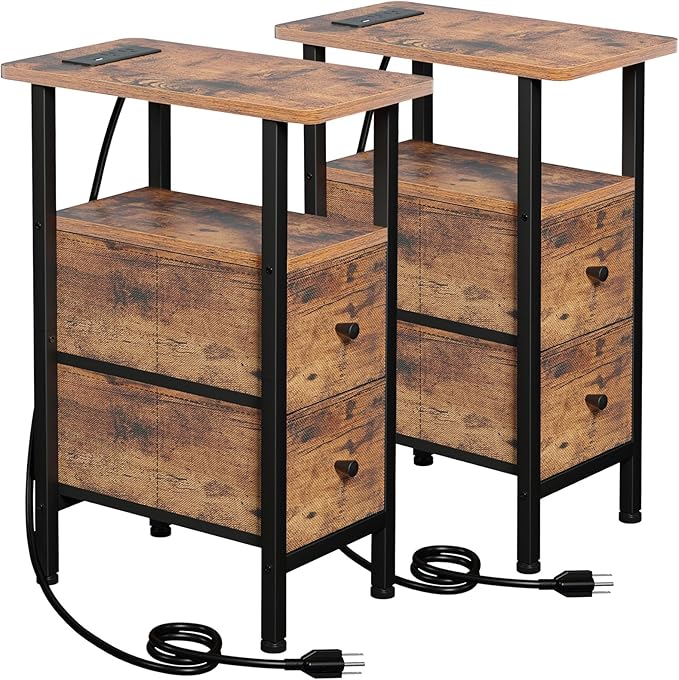 Narrow End Tables Living Room Set of 2 with Charging Station, Skinny Side Table with Fabric Drawers, Slim Nightstand for Bedroom, Small Spaces, Couch, Rustic Brown, HETNDP02PBR