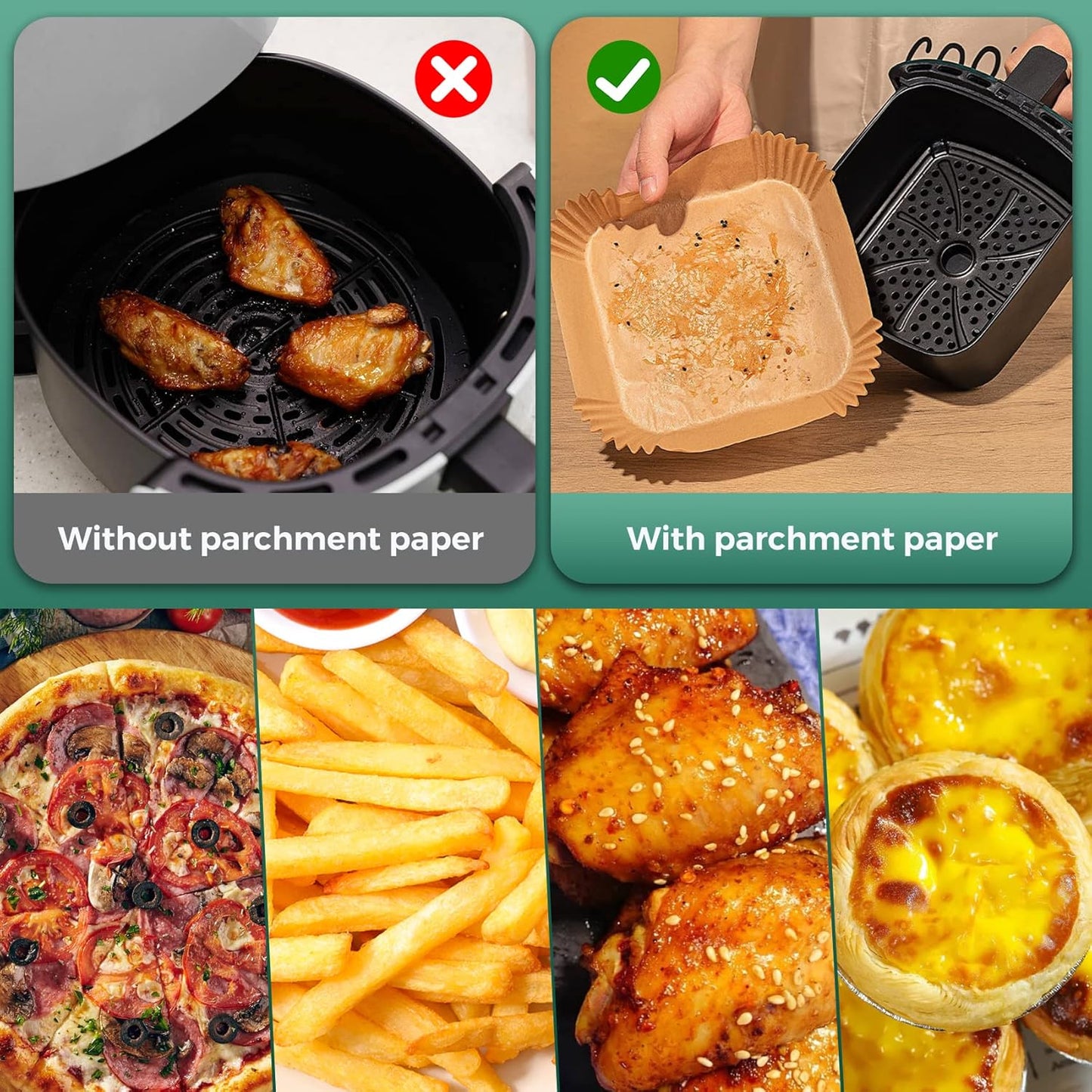 Air Fryer Paper Liners, 125Pcs Parchment Paper, Air Fryer Liners Disposable for Microwave, Non-Stick Air Fryer Liner Square Free of Bleach (8IN)