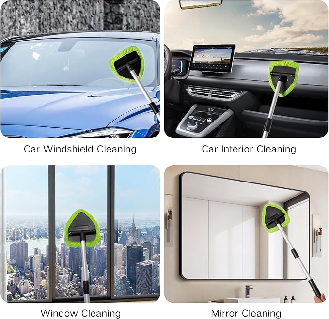 10pcs Windshield Cleaner Tool, Car Window Cleaning Wash Kit with 4 Reusable Microfiber Pads 1 Spray Bottle and Extendable Handle Auto Glass Wiper Kit, Green