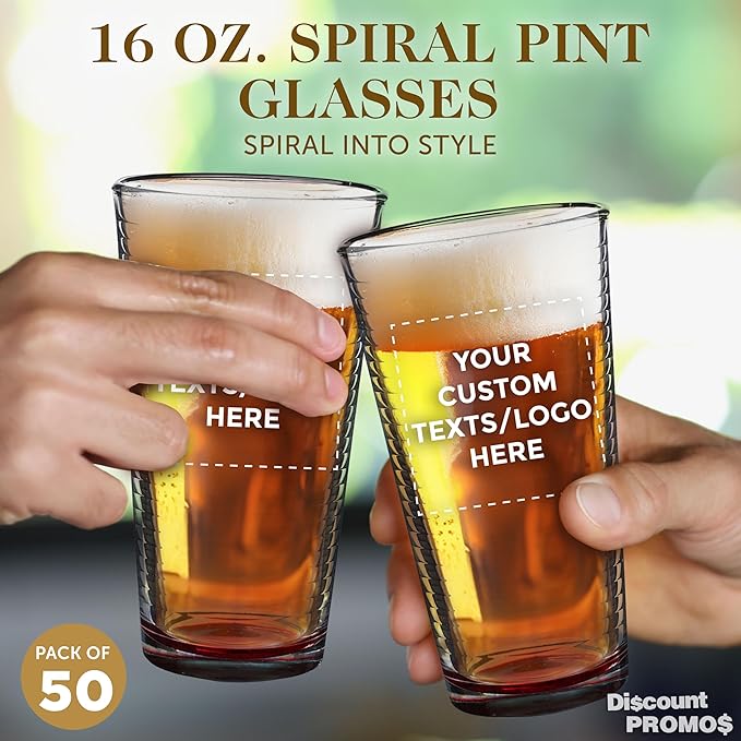 Custom Spiral Pint Glass 16 oz. Set of 50, Personalized Bulk Pack - Beer Glasses, Heavy Duty Drinkware - Red