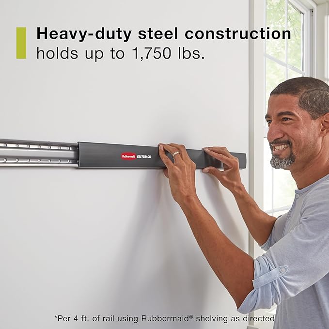 Rubbermaid FastTrack Alloy Steel Garage Storage System Rail 84" Extra Durable Garage Organization for Yard Tools/Sports Equipment/Ladders