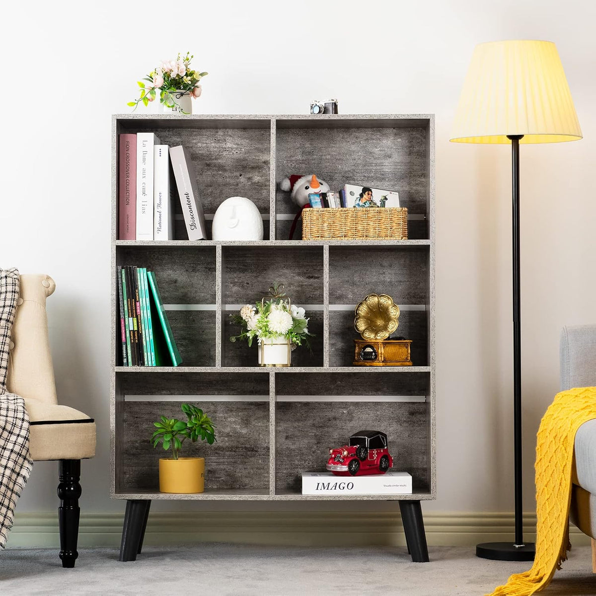 LEYAOYAO Bookshelf Cube Storage Organizer,3 Tier Bookcase with Legs,Modern Wood Open Shelf,Dirty Grey Bookshelves,Free Standing Display Short Book Shelves for Narrow Space,Bedroom,Living Room,Office