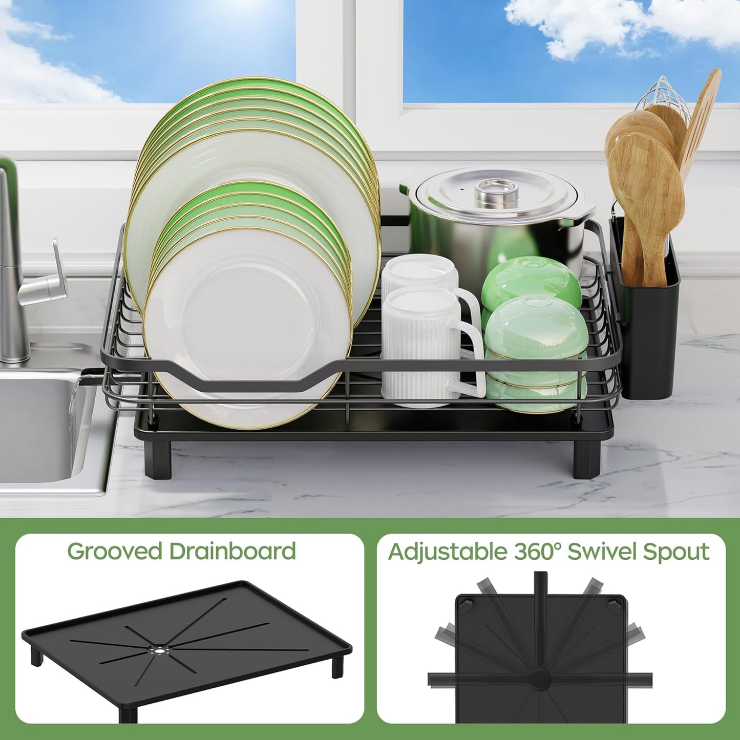 Dish Drying Rack, Stainless Steel Rustproof Dish Rack for Kitchen Counter, Sturdy Dish Drainer with Drainboard, Drainage, Utensil Holder for Various Kitchenware, 16.2"(L) x 12.6"(W), Black