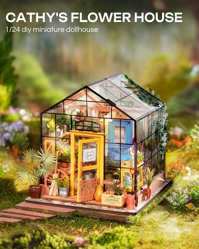 Rolife DIY Miniature House Kit-Mini Diorama 1/18 Greenhouse Dollhouse Building Kit with LED, Crafts for Adults Christmas Birthday Gift for Women Adults Dad Mom Home Decor (Cathy's Flower House)