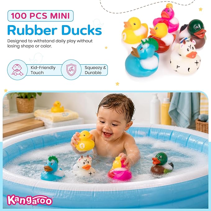 Kangaroo Mini Rubber Ducks Bulk Pack of 100 – Floating Baby Bath Toys for Kids - Classroom Rewards - Pool Party & Birthday Party Favors for Kid - Small Rubber Duck for Baskets Stuffers for Kids