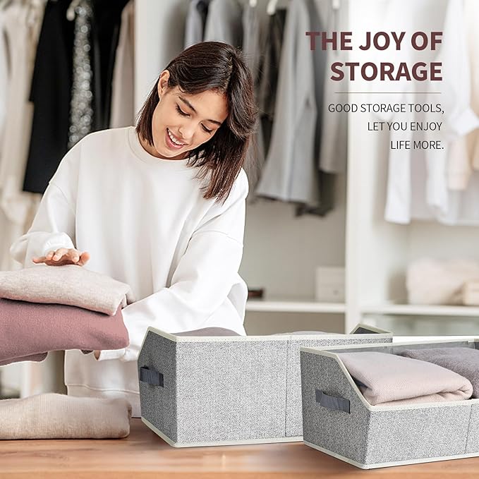 Closet Baskets for Shelves Trapezoid - Decorative Storage Baskets with Handle, Closet Bins for Organization, Shelf Storage Bins for Clothes, Books, Home, Office, 10 Pack, Light Gray