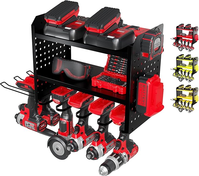 Power Tool Organizer-6 Drill Holder Wall Mount, 3 Tier Heavy-Duty Hand Tool Storage Rack, Utility Racks, Drill Holder, 2 Pegboard Sides - Garage Storage Cordless Tool Organizer (Black)
