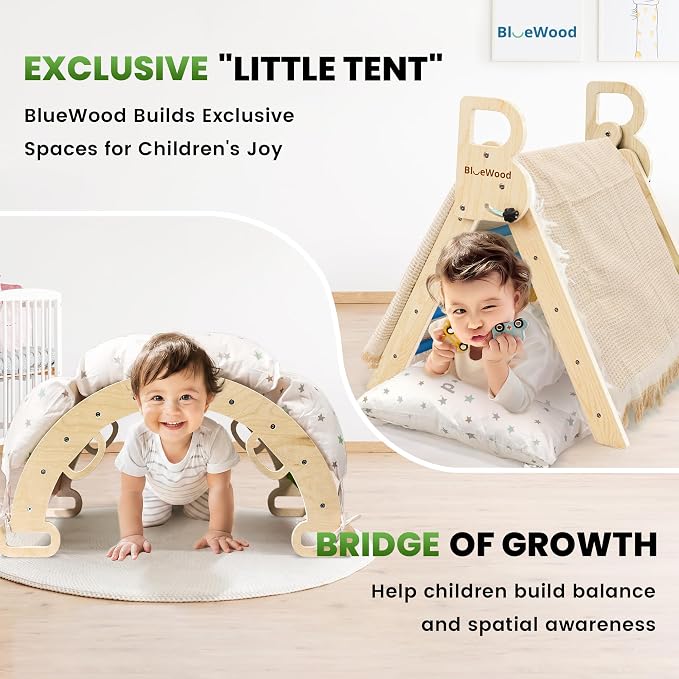 BlueWood Pikler Triangle Set with Cushion - Climbing Toys for Toddlers 9-in-1, Montessori Philosophy Play Jungle Gym with Arch, Ramp, Ladder (Blue)