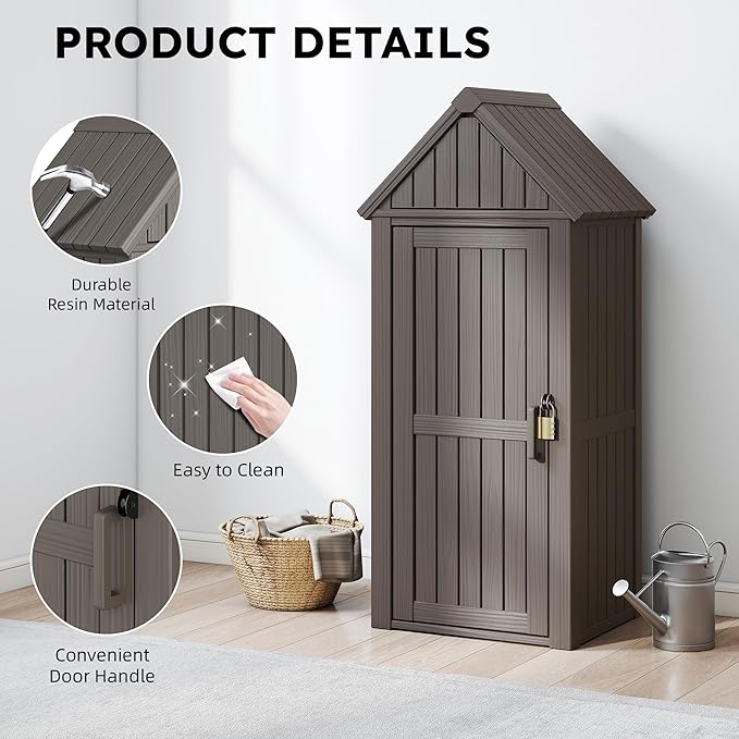 Outdoor Storage Shed - Waterproof Resin Outdoor Storage Cabinet with Removable Shelves & 12 Hooks for Garden Tools, Grilling Supplies, Gray