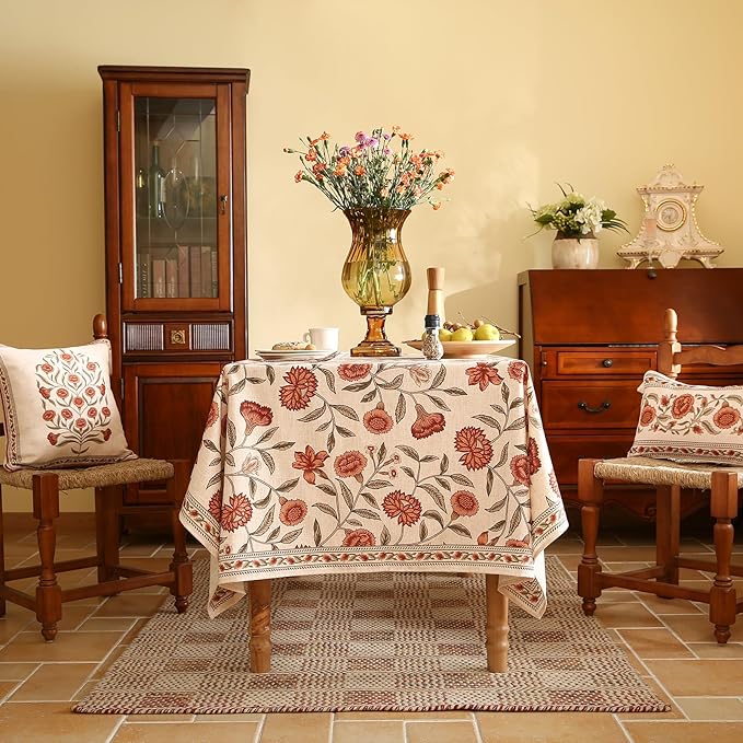 ISAENNE Designer French Long Tablecloth Rectangle,Linen Orange Floral Pattern Indoor Table Cloth,Wrinkle Resistant Decor Table Cloth for Dining Thanksgiving Kitchen Party,63"*102"-Alvarado D