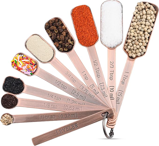 Copper Measuring Cups and Spoons Set 17, Stainless Steel Measuring Cups and Spoons for Dry & Liquid, Metal 7 Measure Cup and 9 Measure Spoon with 1 Leveler for Kitchen & Baking
