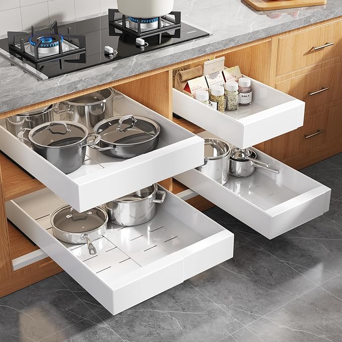 4 Pack Expandable Width (9"-14.1") Pull Out Cabinet Organizer 21" Deep with Raising Pad for Framed Cabinets, Upgrade 3 Slide Rails Slide Out Drawers, Roll Out Shelves Adhesive, White