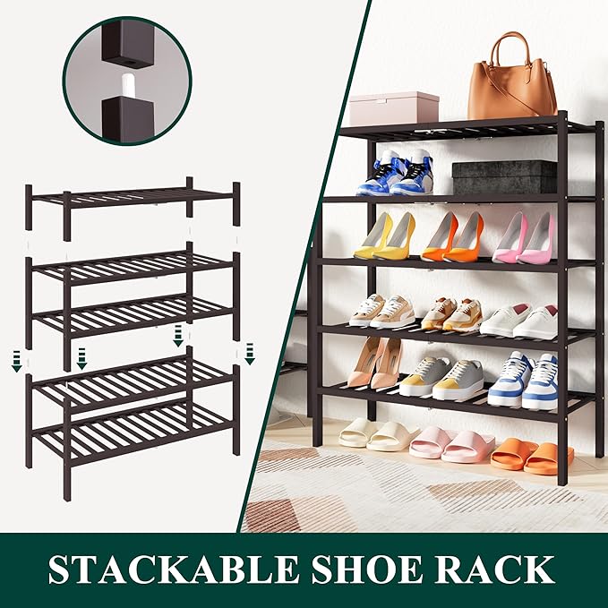 Smiry Shoe Rack, 3 Tier Thick Bamboo Shoe Organizer, Stackable Free Standing Wooden Shoe Storage Shelf for Closet, Entryway, Front Door Entrance, Brown