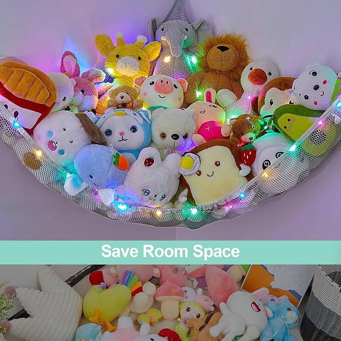 Unicorn Castle Stuffed Animals Net or Hammock Kids Toy Storage Organizer with LED Light Hanging Corner Stuffed Animals Holder Kids Girls Room Decor,Grey,Large (Pack of 1)