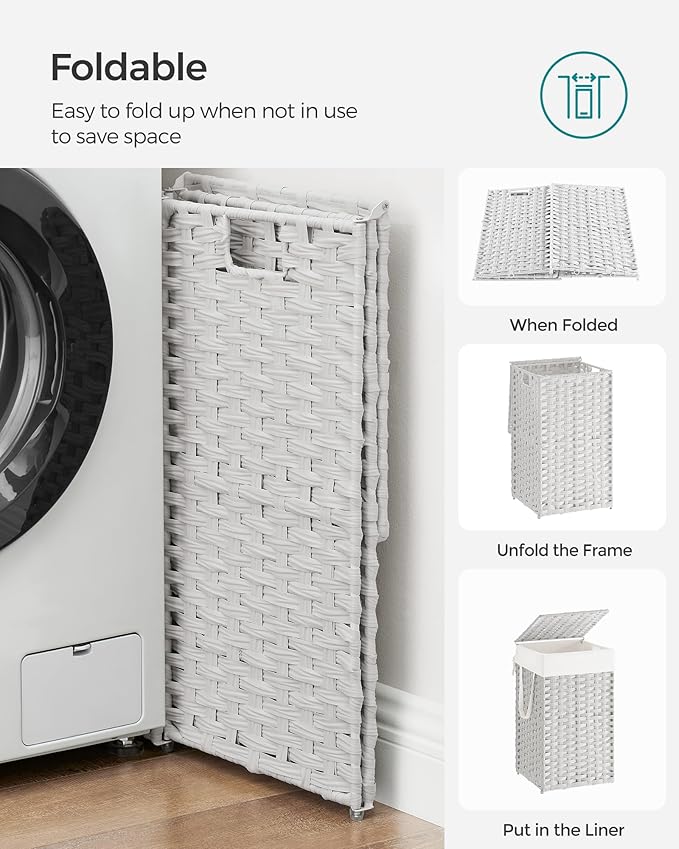 SONGMICS Laundry Hamper with Lid, 17.2 Gallon (65 L) Synthetic Rattan Clothes Laundry Basket with Lid and Handles, Foldable, Removable Liner, Cloud White ULCB165W01