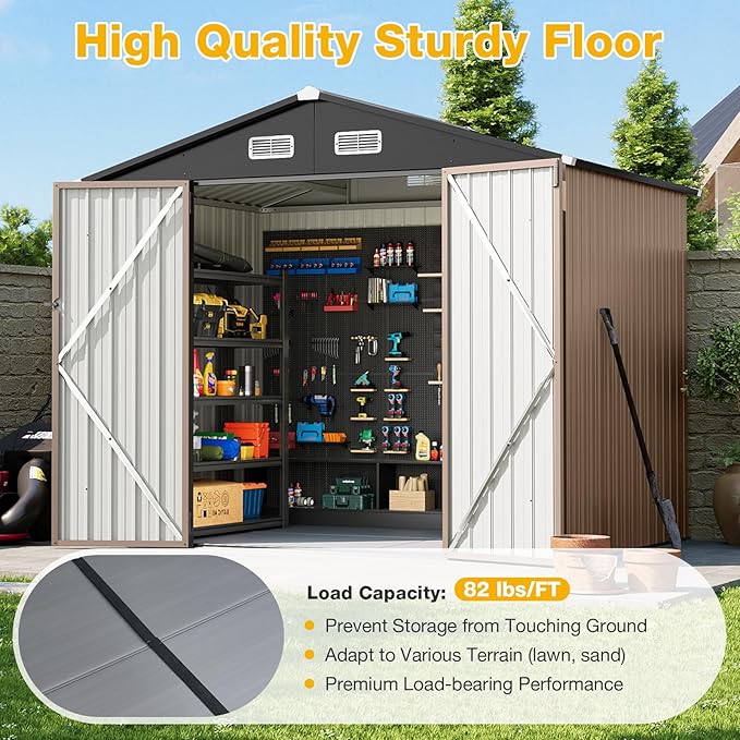 8x6 FT Outdoor Storage Shed with Floor & Lockable Double Doors, Heavy-Duty Galvanized Steel Outdoor Metal Shed for Bike, Tool, Generator Storage in Backyard, Patio (8’x6’, Floor)