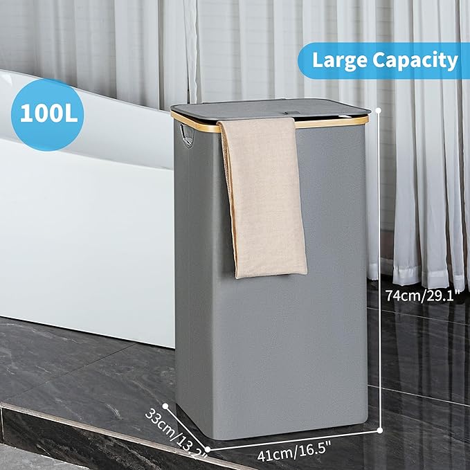 efluky Laundry Basket with Lid and Removable Bag, 100L Tall Laundry Hamper with Bamboo Handles, Aesthetic Dirty Clothes Bin for Laundry Room, Bathroom, Bedroom and Dorm, Silver Grey