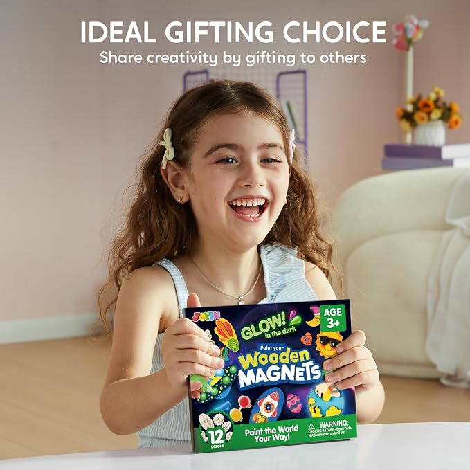 JOYIN 12 Glow in The Dark Wooden Magnets for Kids, Paint Your Own Arts and Crafts Painting Kit, Halloween Crafts Birthday Parties and Family Crafts Gift, Party Favors for Boys Girls Ages 3+