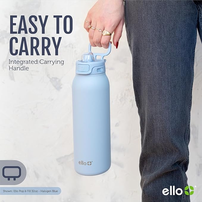 Ello Pop & Fill 32oz Stainless Steel Water Bottle with QuickFill Technology, Double Walled and Vacuum Insulated Metal, Leak Proof Locking Lid, Straw and Chug, Reusable, BPA Free, Porcelain Rose