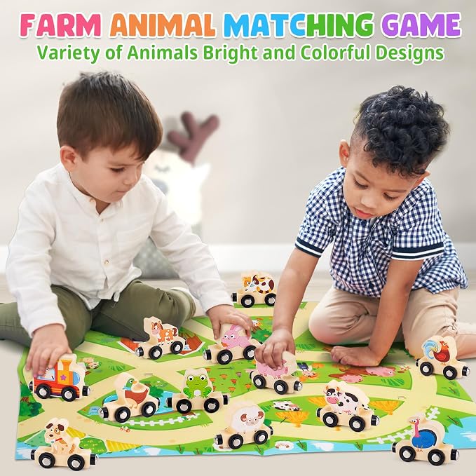 Montessori Wooden Train Toy for 1 2 3 Years Old Toddlers | 12 Magnetic Animals Train Kids Box, STEM Educational Toy with Game Map | 1st 2nd Birthday for Boys Girls