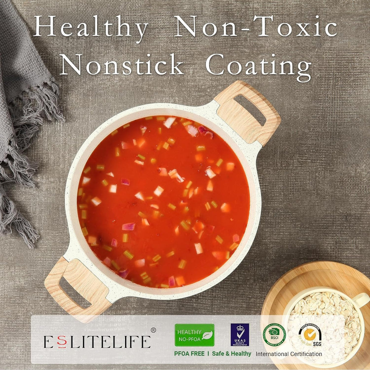 ESLITE LIFE Nonstick Stock Pot with Lid, 3 Quart Granite Casserole Small Soup Pot Pasta Cooking Pot, Induction Compatible, PTFE & PFOA Free, White