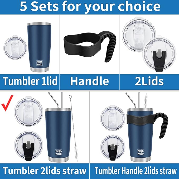 WETOWETO 20oz Tumbler with 2 lids and 2 straws, Stainless Steel Vacuum Insulated Coffee Tumbler Cup, Double Wall Powder Coated Leak-proof Travel Coffee Mug Cup (Black, 1 Pack)